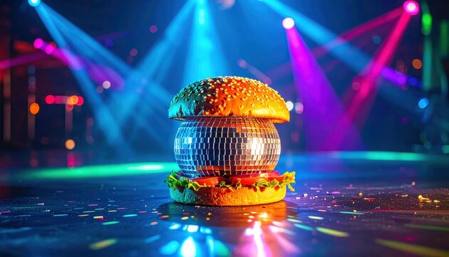 A Disco Ball Burger illuminated by vibrant party lights, a unique centerpiece for a celebratory feast.