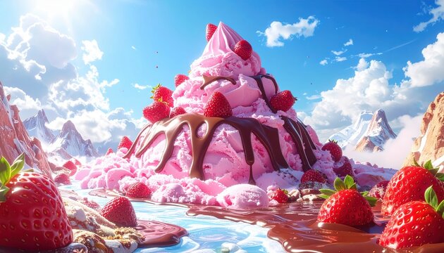 A colossal strawberry ice cream mountain peak adorned with melting chocolate syrup under a bright blue sky