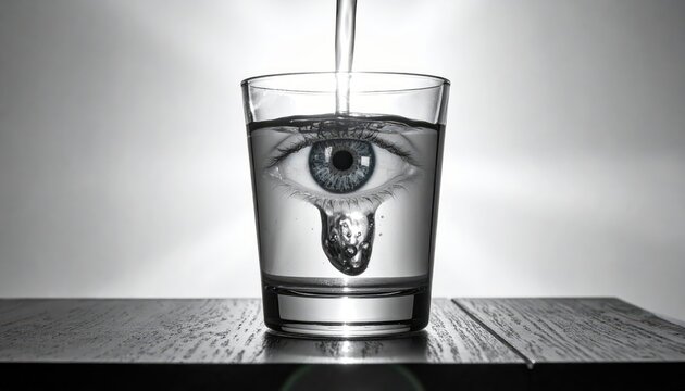 A disembodied human eye submerged within a glass of clear water, dripping a single droplet, reflecting curiosity and observation.