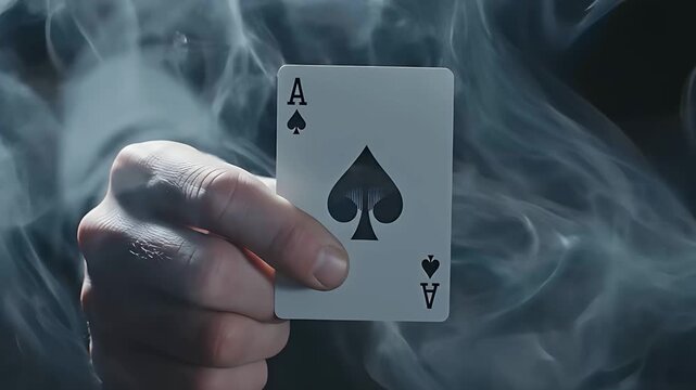 Man holding the ace of spades card against a smoky background. Close-up of a hand revealing a winning card in a poker game. Success concept for gambling and business strategy marketing.