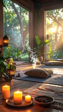 Serene meditation room with candles and plants.