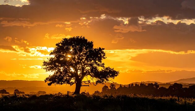 Silhouette tree at sunset landscape scene.