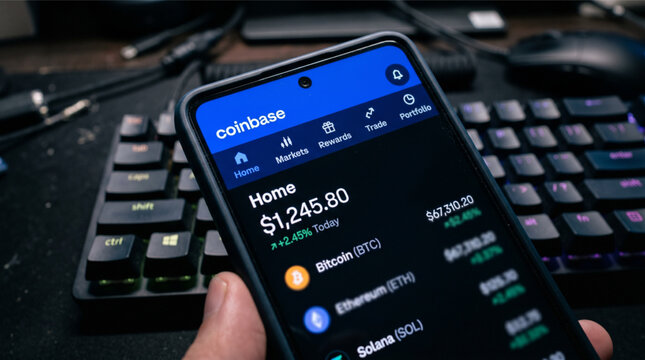 Coinbase Cryptocurrency App on Smartphone Screen Showing Bitcoin Ethereum Solana Prices and Account Balance Held Over Computer Keyboard for Financial Investment Trading and Digital Asset Management