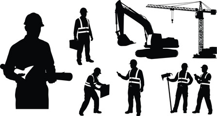 Construction worker and engineer silhouettes vector collection featuring heavy machinery like excavator and tower crane isolated on white background © Himu 