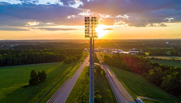 Sunset over rural landscape with highway.