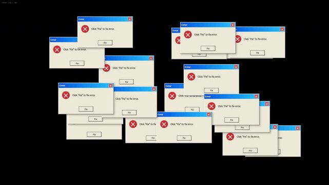 Retro OS Critical Error Popup Windows Multiplying on Black Screen