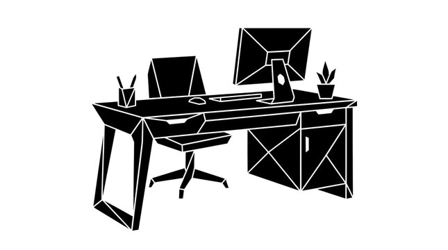 Geometric low poly office desk setup silhouette, abstract polygon vector illustration of modern workspace with computer and chair.