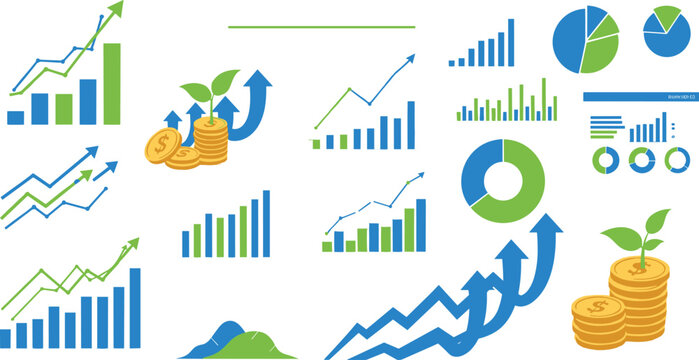 Financial growth infographic element vector set featuring business bar charts line graphs pie charts and gold coin stacks isolated on white background