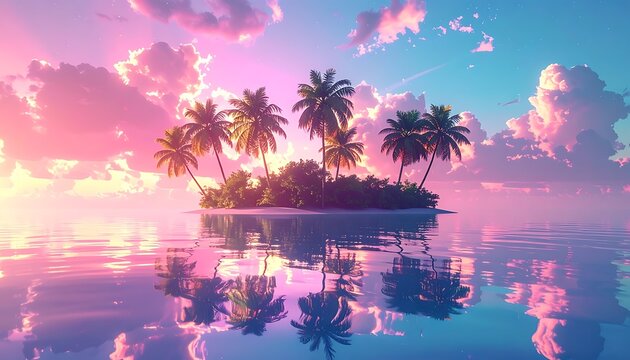 Tropical island with palm trees at sunset.