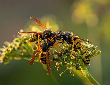 Two wasps on a yellow flower.