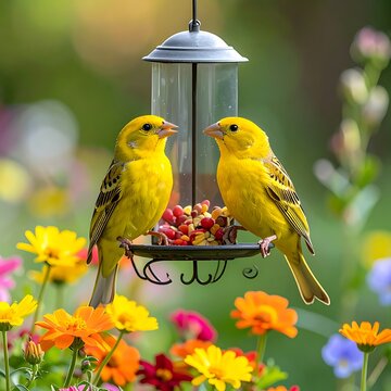 Two Yellow Birds on a Feeder.