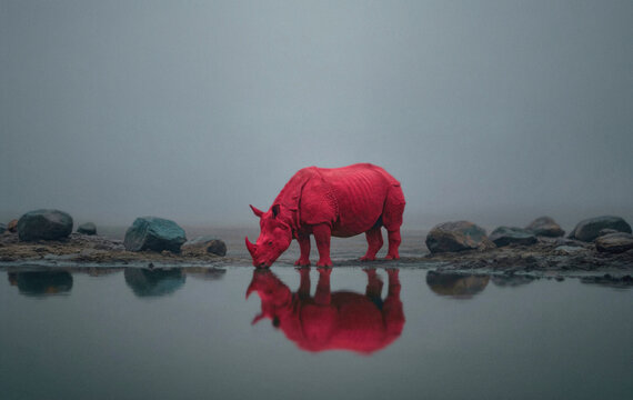 Surreal pink rhinoceros drinks from a calm water edge