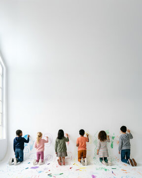 Children drawing with crayons on classroom wall