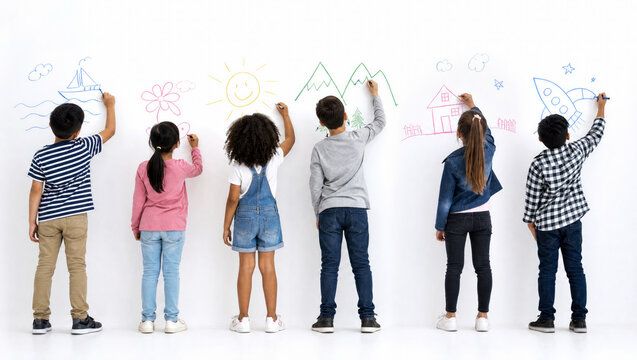 Children drawing colorful dreams on white wall together