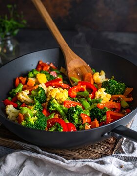 Vegetable stir fry in a pan.