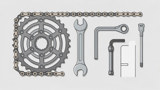 Tools and gears for bicycle maintenance with metallic parts and wrenches