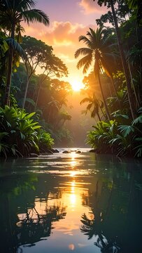 Tropical river landscape with palm trees.