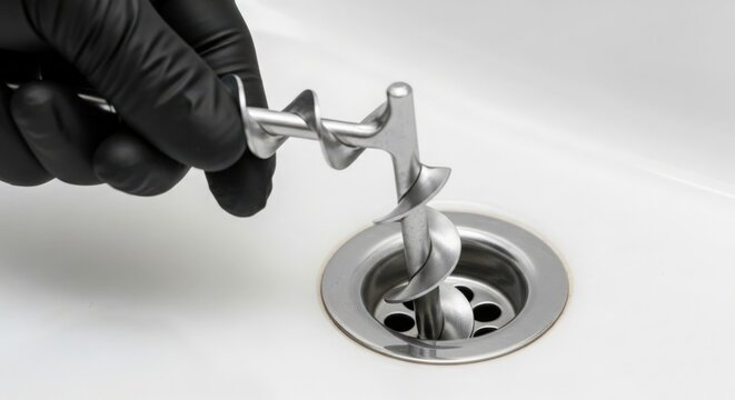 Unclogging drain with plumbing tool and hand in black glove inserting device into sink drain. Drain cleaning process using metal tool for effective unclogging.