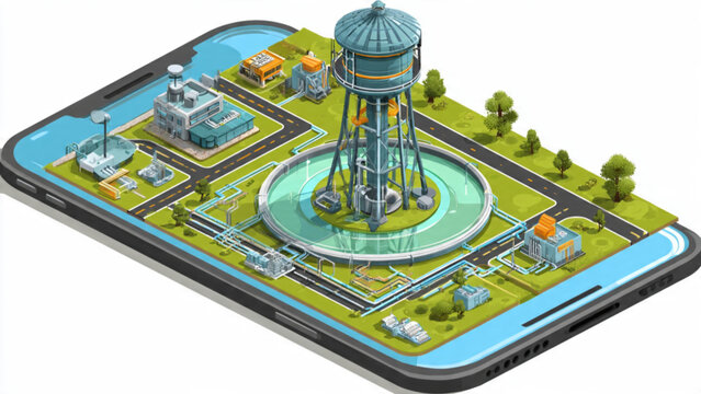 Futuristic city model displayed on smartphone with vibrant green parks and infrastructure