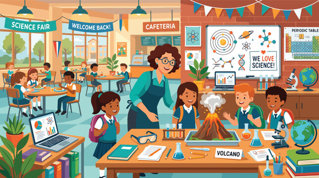 Teacher guiding students in classroom science.
