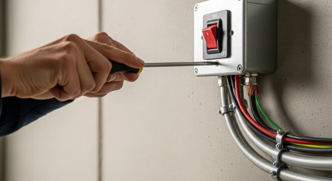Hand turning switch with screwdriver near electrical wiring on wall. Hand performs maintenance with tool on switchbox in industrial setting. Concept electrical maintenance in workplace.