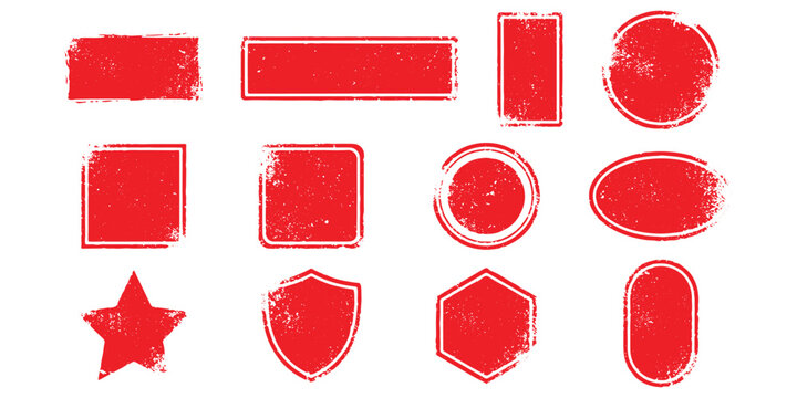 Set of red grunge rubber stamp shapes and empty labels with distressed texture