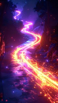 Vibrant neon light trail on road.