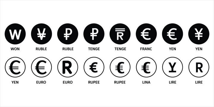 Various currency symbols and names in black and white circles vector