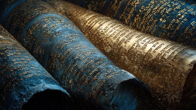 Ancient scrolls with golden script unfurl, revealing timeless wisdom in textured detail