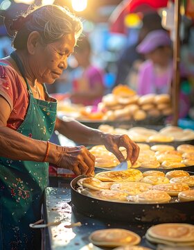 Woman cooking food on street market.
