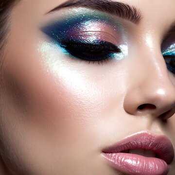 Woman with colorful eye makeup closeup.