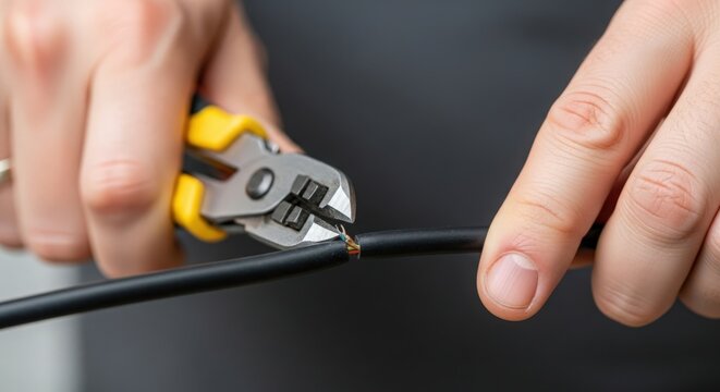 Hand using wire cutters to strip insulation from electrical wire with precision. Focus on hands demonstrating skillful manipulation of tools while preparing electrical work.