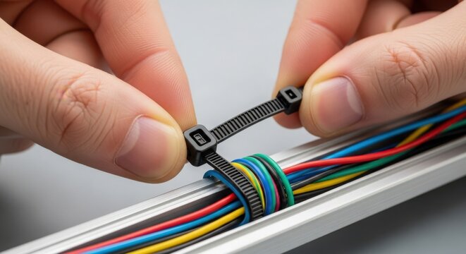 Hands fastening cable ties on colorful electrical wires organized in a cable management system. Cable management setup includes multiple colored wires bundled neatly for tidy workspace.