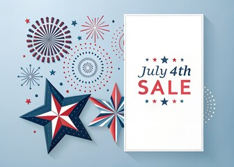 Fototapeta premium July 4th sale banner design with patriotic stars and firework illustrations for Independence Day promotion isolated on transparent background