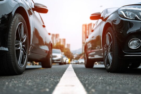 Two dark sedans parked on a city street, low angle