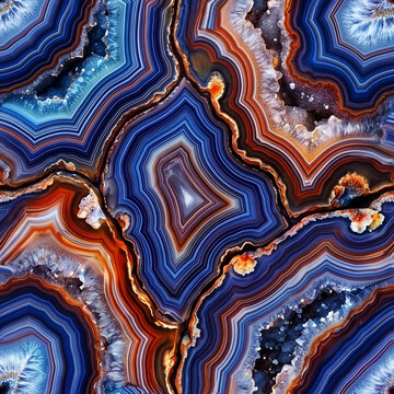 Luxurious natural banded geode agate slice texture with deep blue, brown, and cream crystalline rings seamless pattern for high-end architectural surfaces and digital designs