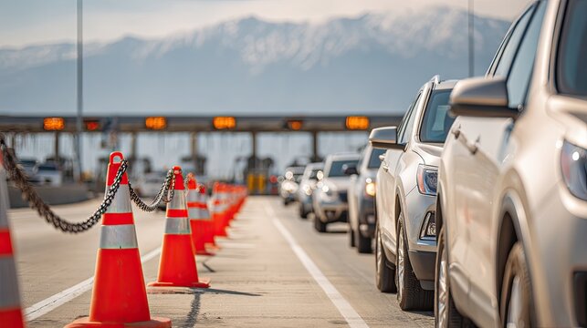 Cars queue at a busy toll plaza with mountains in background