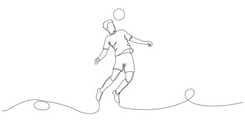 Fototapeta premium Continuous one line drawing of a soccer player hits the ball with his head. Minimalist hand drawn sports illustration. football promotions, and sports branding.