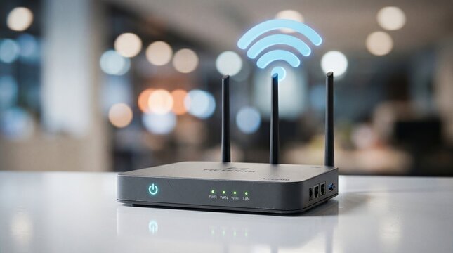 Wireless Wi-Fi Router Broadcasting Signal: A modern Wi-Fi router with multiple antennas emits a glowing blue signal.