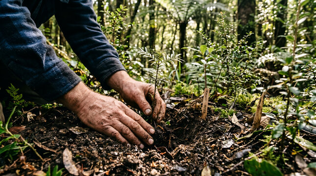 Person planting seedling in forest soil with hands during gardening activity