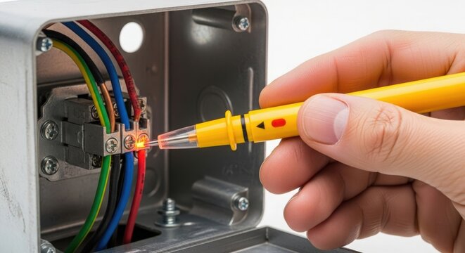 Electrical testing using voltage tester on circuit box with colorful wires and connections in metal enclosure. The voltage tester shows active circuit and indicates safety check process.