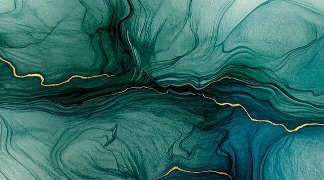 Abstract emerald green and teal alcohol ink background with golden marble veins and deep blue swirls for luxury interior design