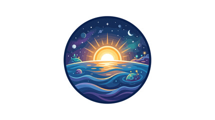 Cosmic Sunrise Over Ocean, Planets, Stars, and Moon in Circular Frame © Kursi
