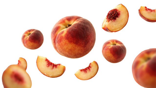 Fresh peaches floating in soft light with peach slices around Vector