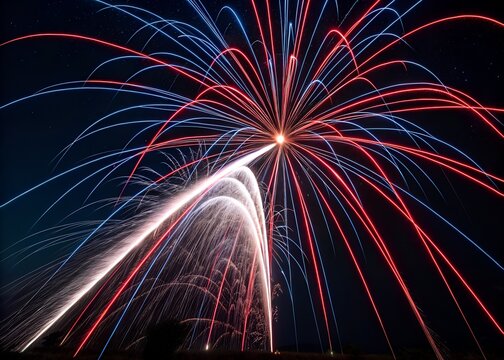 Bright red white and blue fireworks bursting in the dark night sky isolated on transparent background