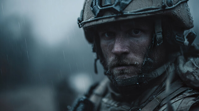 Soldier in battle gear during rainy combat scenario