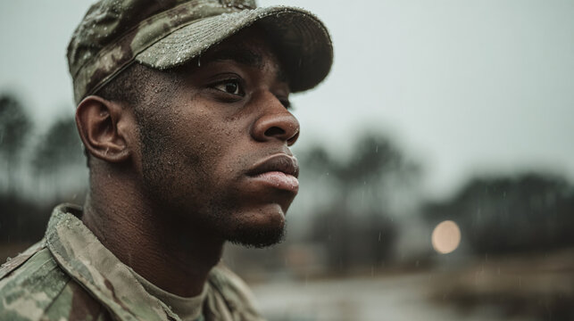 Soldier in the rain looking determined