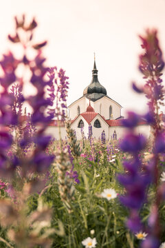 Pilgrimage Church of Saint John of Nepomuk on Zelen&aacute; Hora, Zdar nad Sazavou in Spring with Blooming Meadow