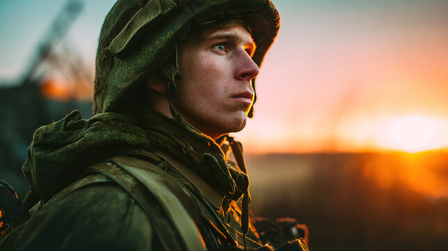 Soldier gazing at sunset in military gear