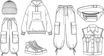 Obraz premium Collection of urban streetwear fashion items including a hoodie cargo pants beanie and sneakers presented as outline vector illustrations for apparel design templates